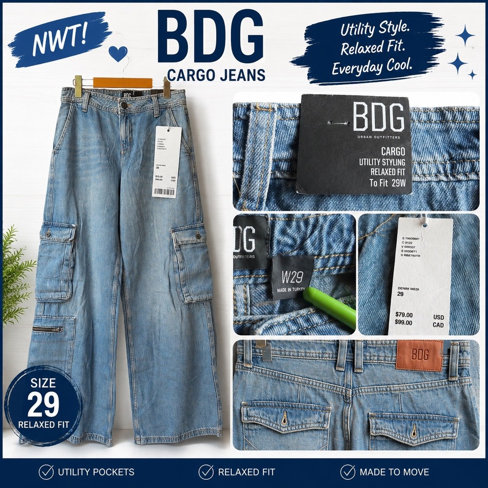 BDG Urban Outfitters Cargo Jeans Relaxed Fit Wide Leg Medium Wash Blue W29 NWT